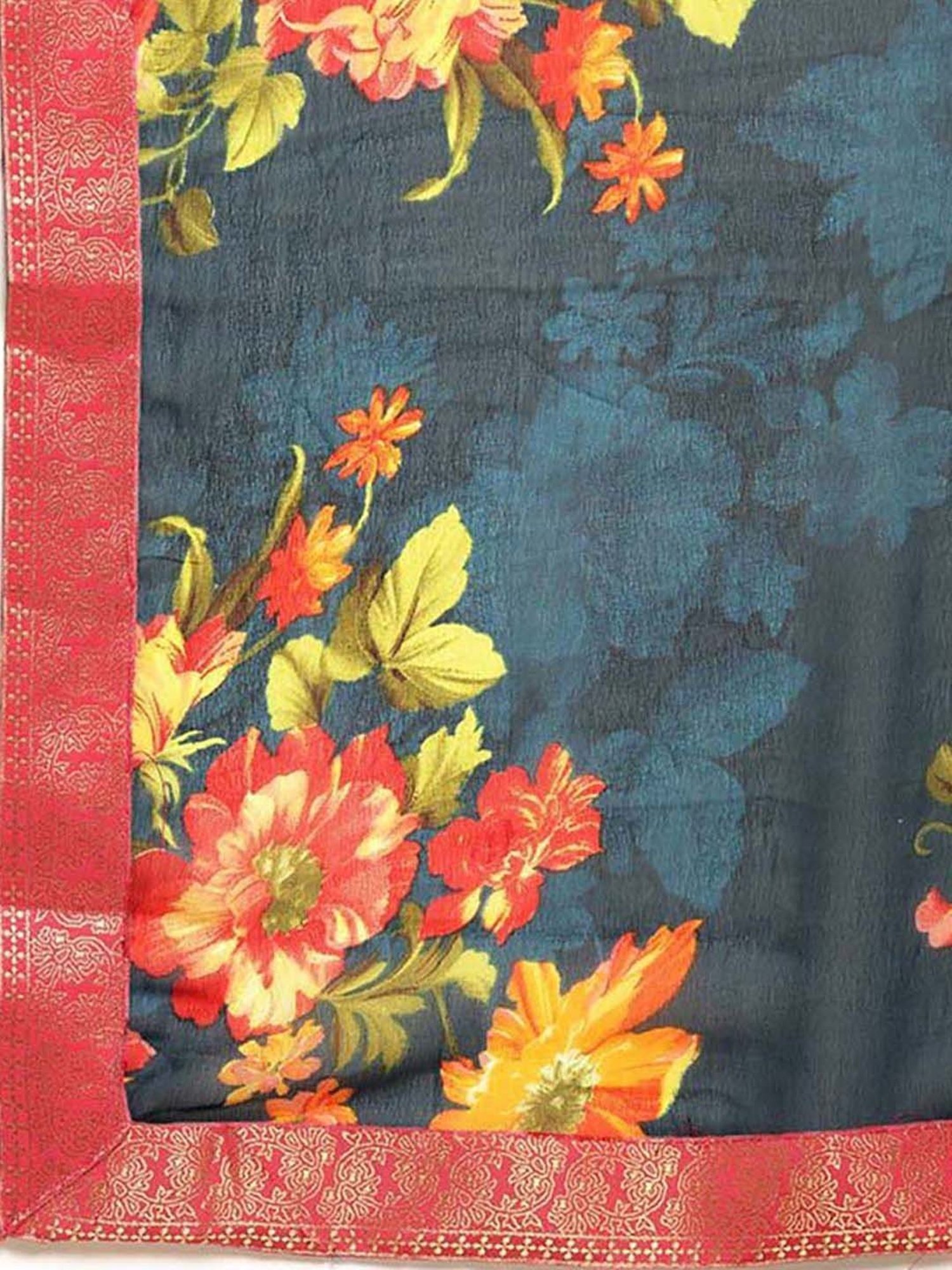 Rangita Teal Blue Floral Print Saree With Unstitched Blouse