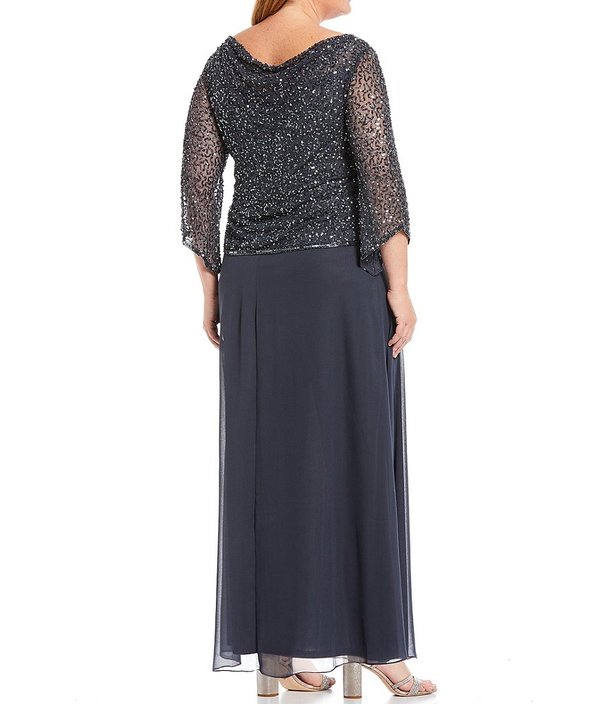 Jkara Plus Size 3/4 Illusion Beaded Cowl Neck Gown