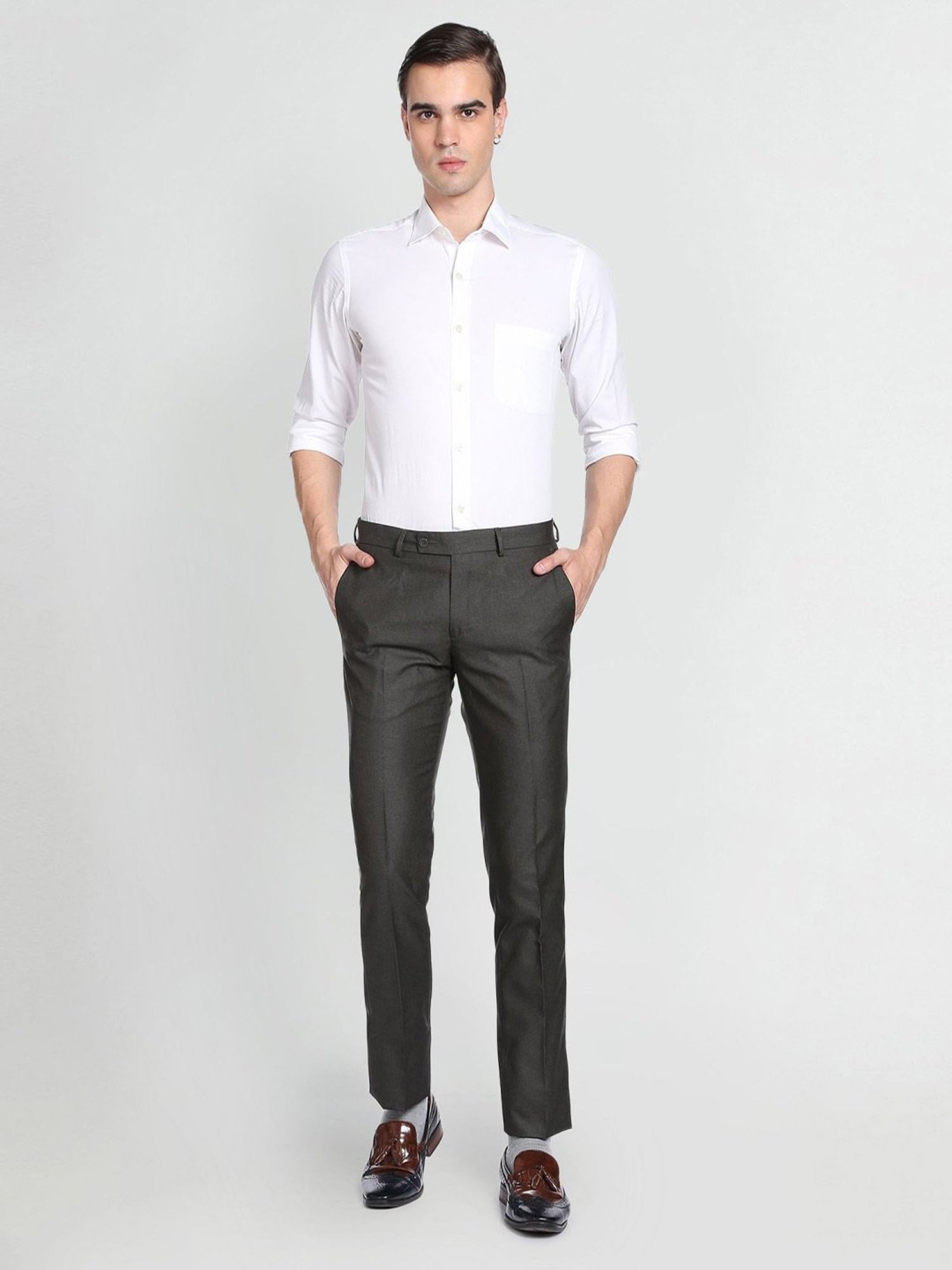Arrow Grey Regular Fit Texture Trousers