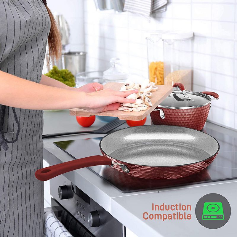 NutriChef Metallic Nonstick Ceramic Cooking Kitchen Cookware Pots and Pans with Lids, Utensils, and Cool Touch Handle Grips, 11 Piece Set, Red