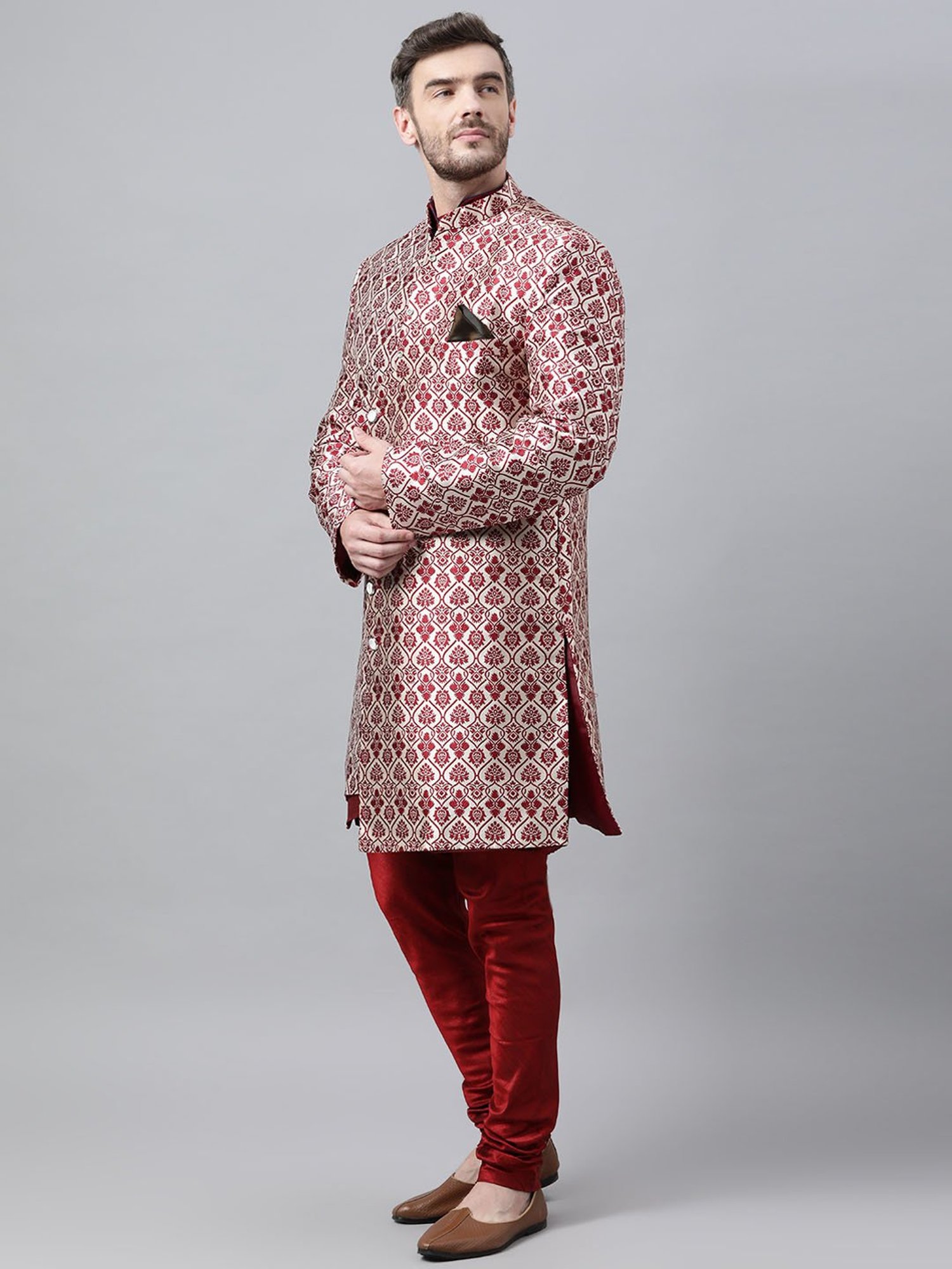 Hangup Plus Beige & Black Regular Fit Printed Sherwani Set