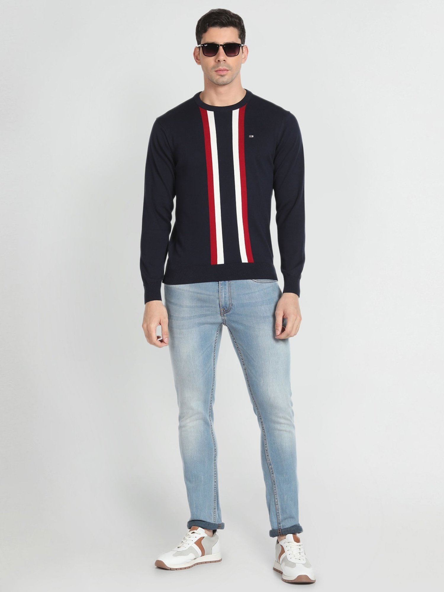 Arrow Sport Navy Cotton Regular Fit Striped Sweater