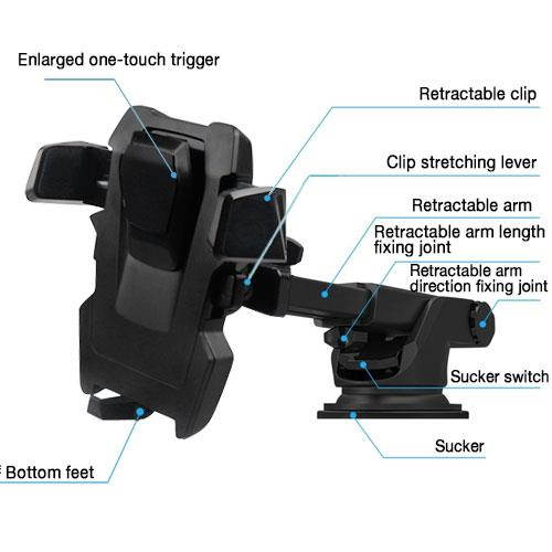 Smartphone Car Windshield Dash Mount with Retractable Arm - Black