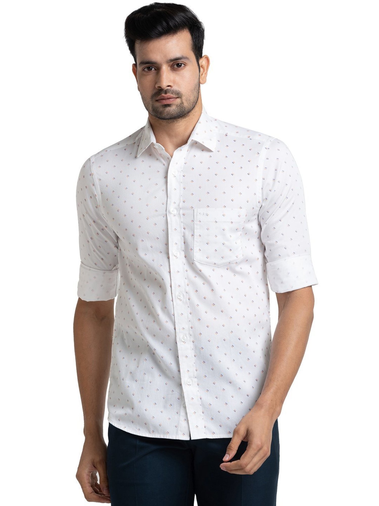 ColorPlus White Cotton Tailored Fit Printed Shirt