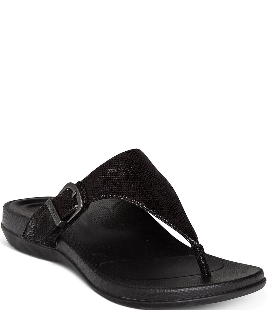 Aetrex Rita Snake Embossed Buckle Detail Thong Flip Flop Water-Friendly Sandals