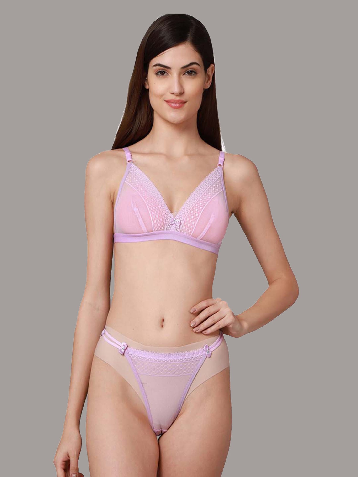 AROUSY Pink & Blue Self Pattern Bra Panty Set - Pack Of 2