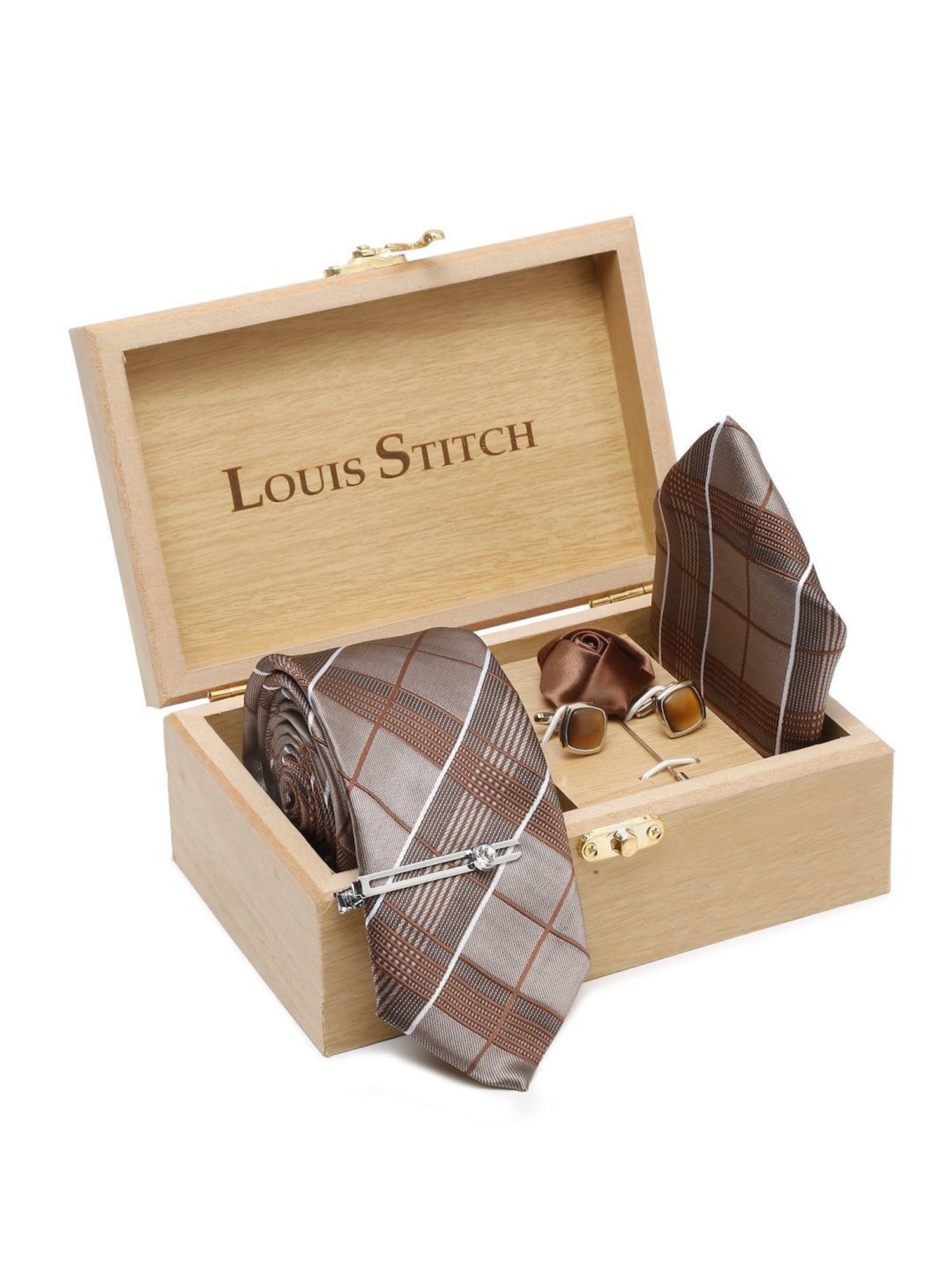 Louis Stitch Brown Checks Necktie Gift Set - Set of 5