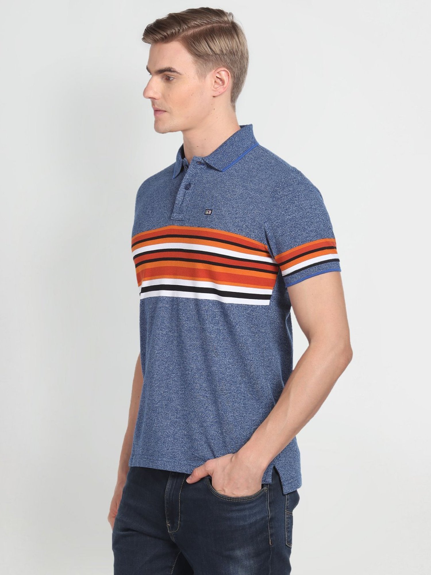 Arrow Sport Blue Cotton Regular Fit Striped Polo T-Shirt