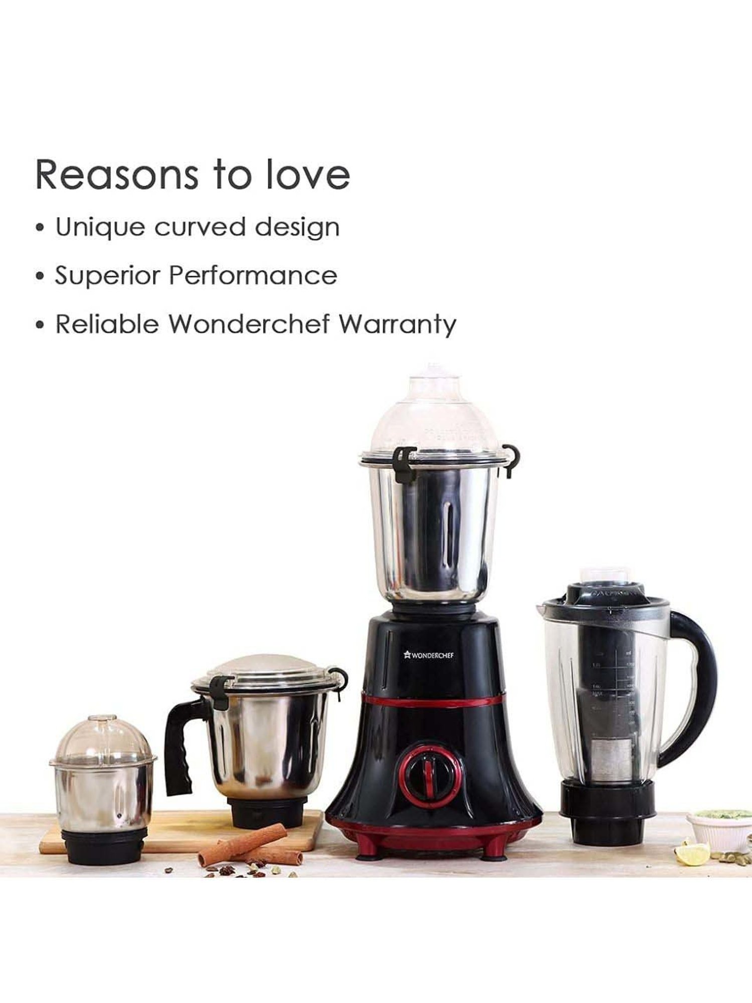 Wonderchef Glory 750W  Mixer Grinder with 4 Stainless Steel Jars & 5 Years Warranty (Black & Red)