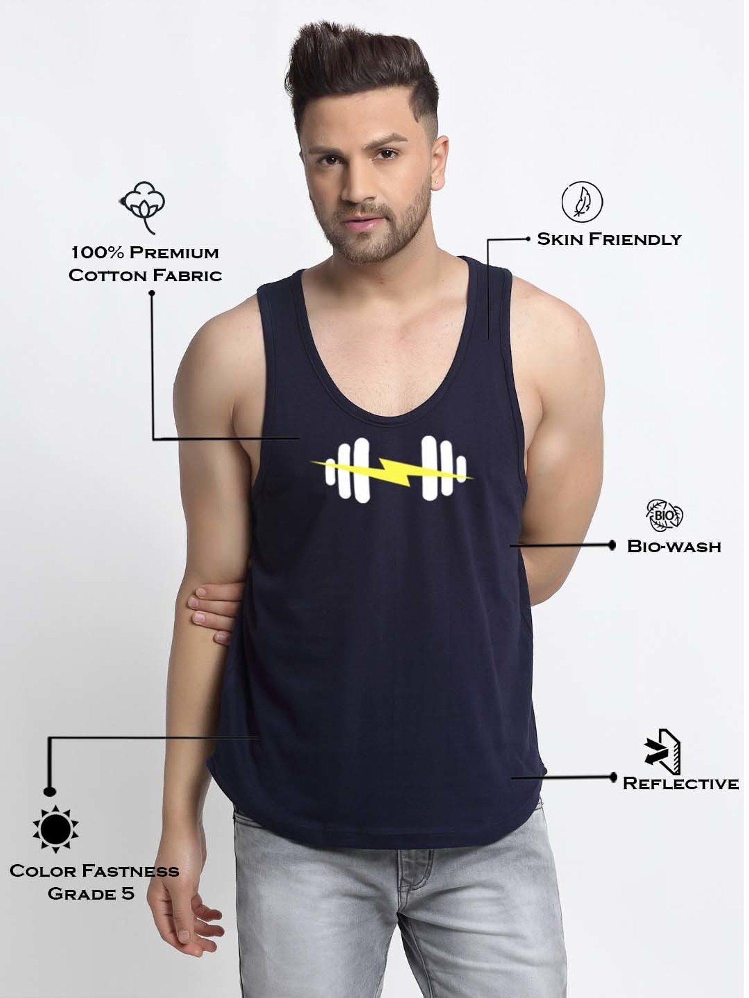 Friskers Navy Blue Regular Fit Graphic Sports Vest