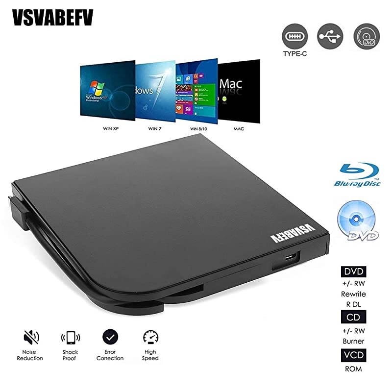 External Blu Ray DVD Drive Burner Player USB3.0 Type-C Dual interfaces Portable Slim Automatic Slot-Loading CD/DVD-RAM/BD-ROM Superdrive +/- RW Reader with High Speed Data for Laptop PC