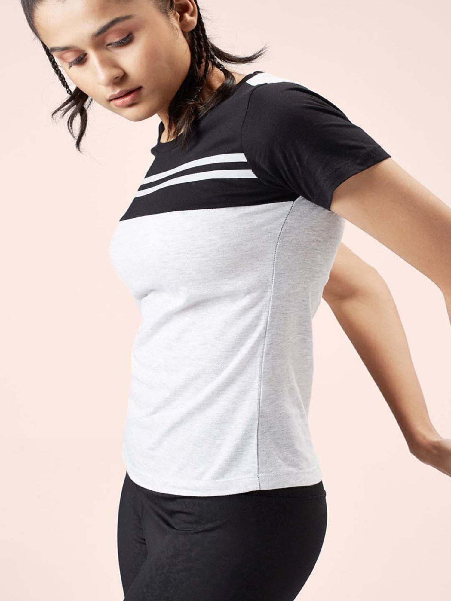 Ajile by Pantaloons White & Black Cotton Color-Block Sports T-Shirt