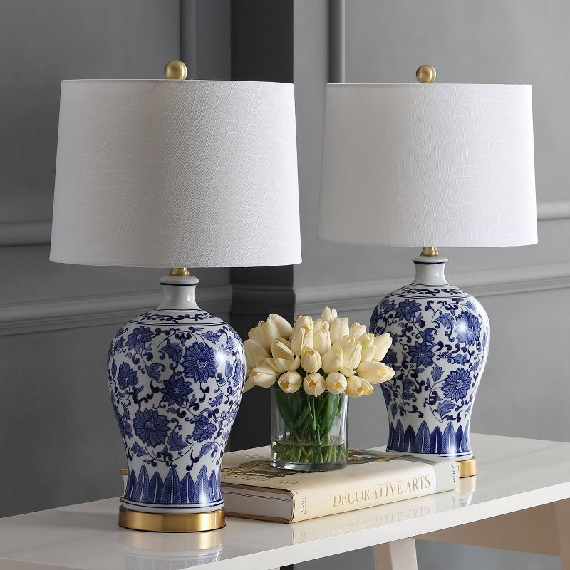 (Set of 2) 25.75" Ceramic/Metal Table Lamps (Includes LED Light Bulb) Blue/White - Jonathan Y