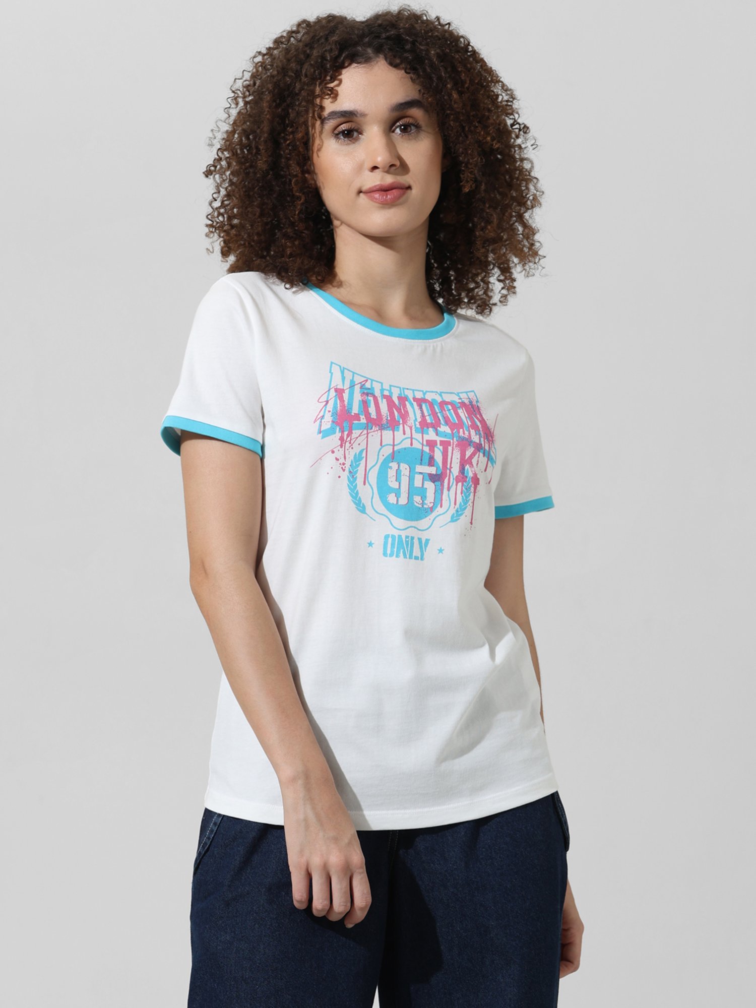 Only White Cotton Graphic Print T-Shirt