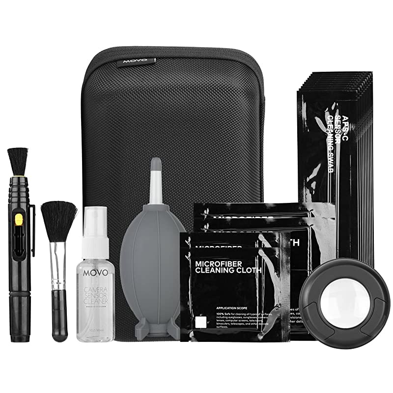 Deluxe Essentials DSLR Camera Cleaning Kit PRO with LED Loupe 10 APSC Swabs Sensor Cleaning Fluid Air Blower Lens Pen Soft Brush 2X Small and 2X Large Microfiber Cloth and Carrying Case