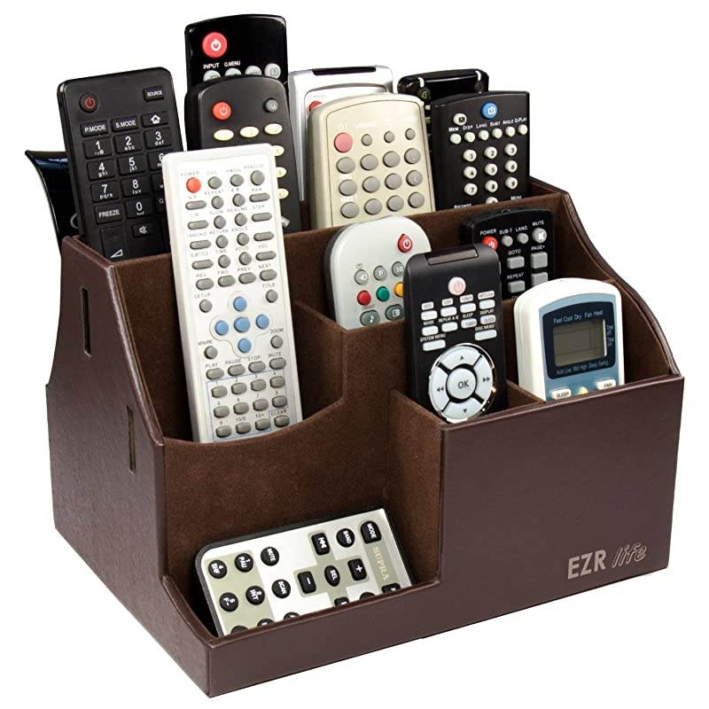 AllinOne Remote Control Holder Caddy Organizer Brown Leather Also Holds Phones Tablets Books Glasses 8 compartments up to 14 remotes