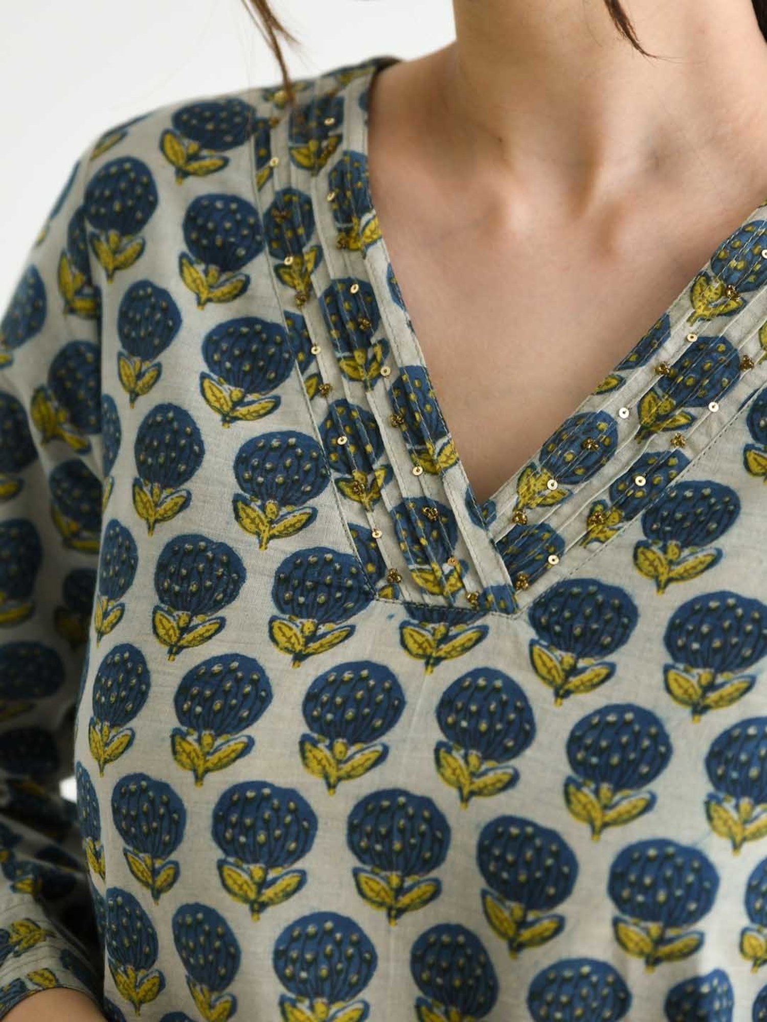 Rustorange Blue Cotton Printed A Line Short Kurti