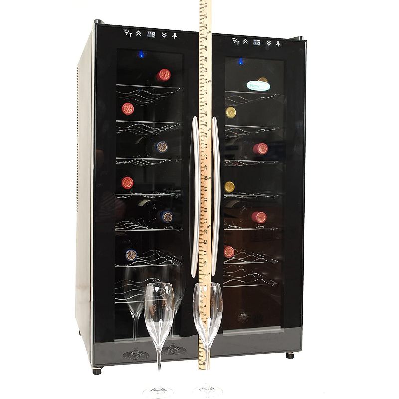 New Air 32 Bottle Dual Zone Quiet Freestanding Thermoelectric Refrigerator Wine Cooler Display Case w/ Digital Controls and Interior LED Light, Black