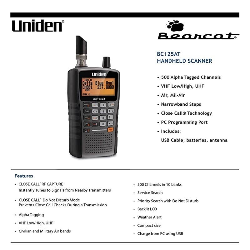 Bearcat BC125AT Handheld Scanner, 500-Alpha-Tagged Channels, Close Call Technology, PC Programable, Aviation, Marine, Railroad, NASCAR, Racing, and Non-Digital Police/Fire/Public Safety.