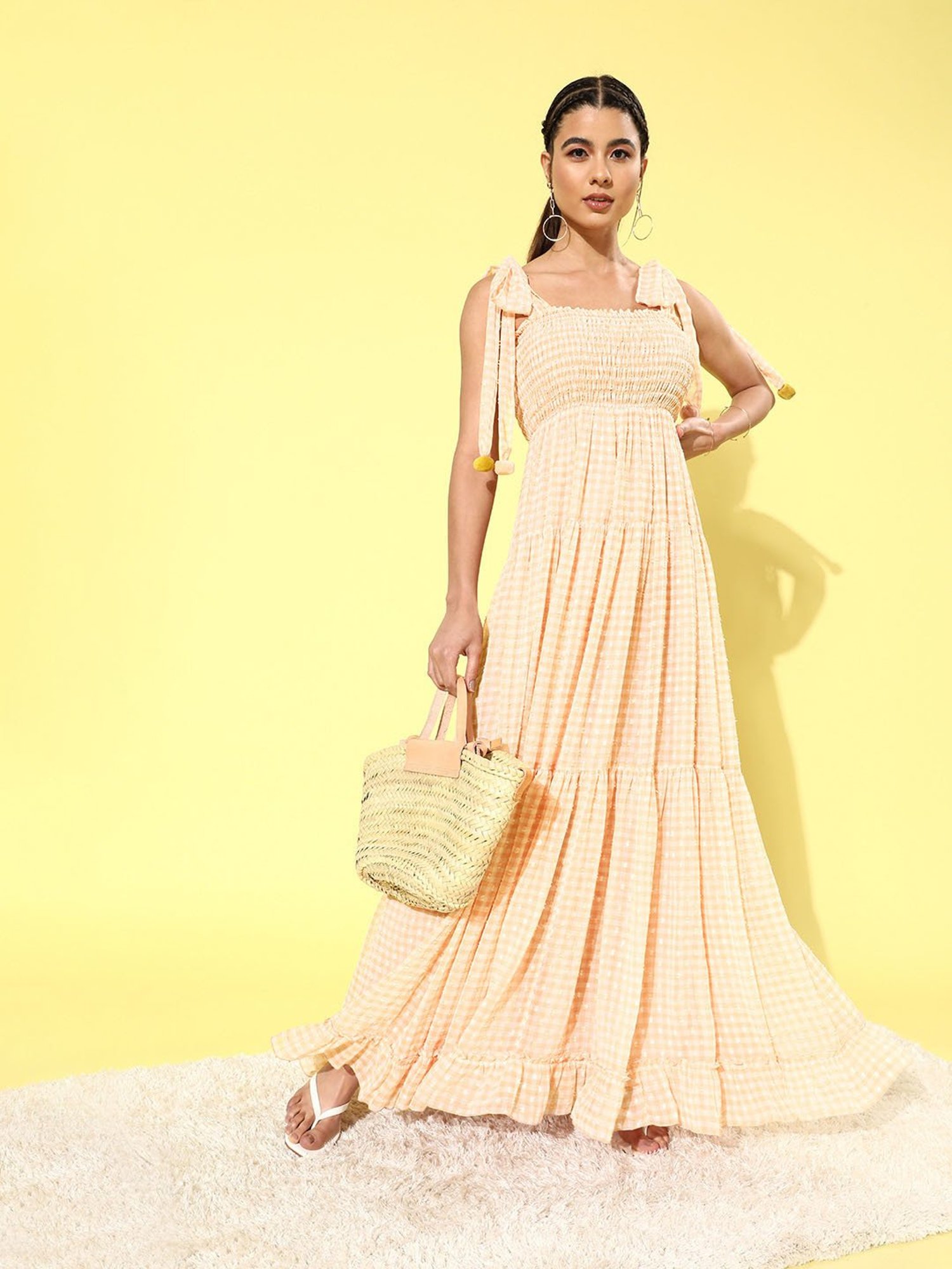 QUIERO Peach Checks Fit & Flare Dress