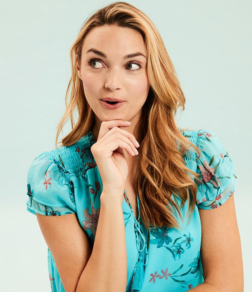 CeCe Short Sleeve Floral Tie Neck Blouse