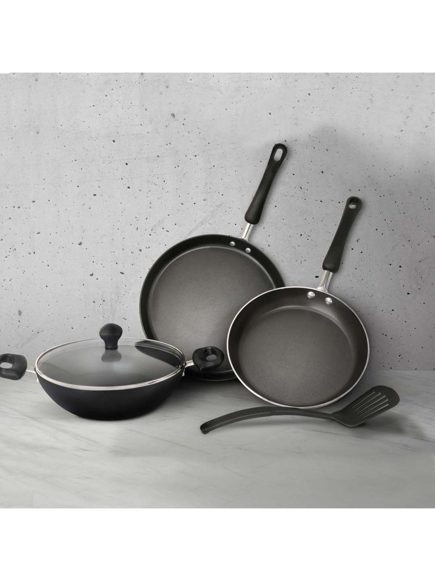 Meyer Non-Stick 5pcs Set (28cm Flat Dosa Tawa + 24cm Frypan + 24cm Kadai With Lid + Nylon Turner)