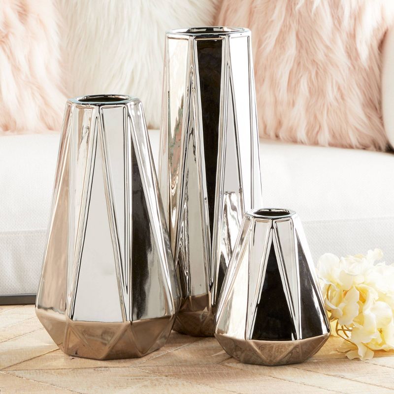 Set of 3 Glam Style Geometric Metallic Electroplated Vases Silver - CosmoLiving by Cosmopolitan