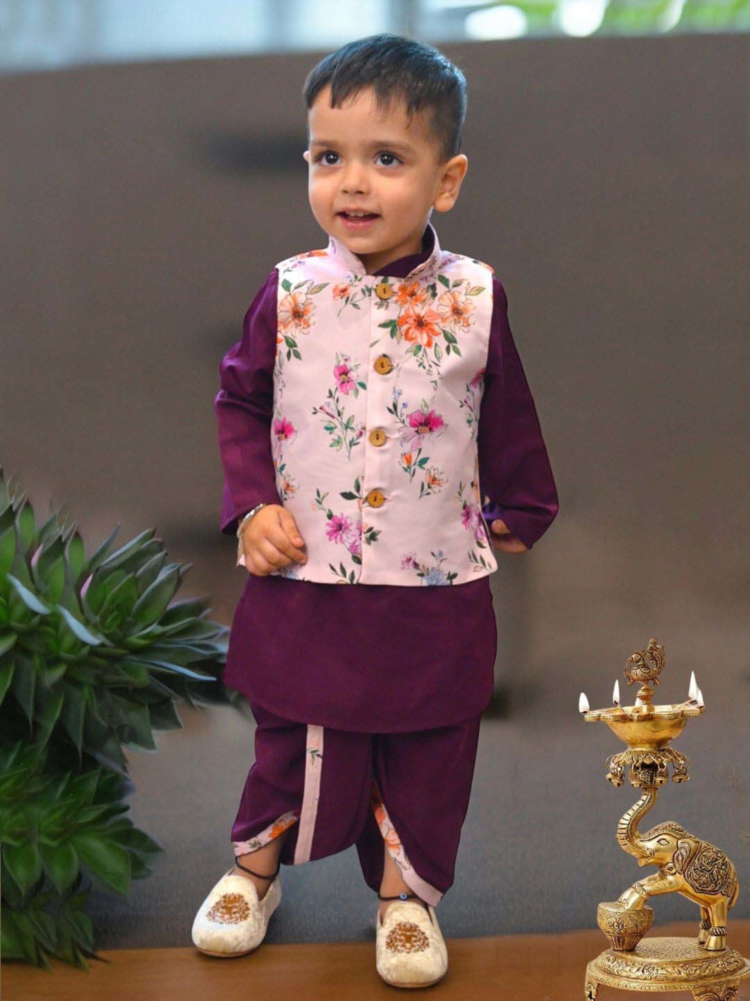 A.T.U.N. Boys Wine & Pink Printed Full Sleeves Kurta Set