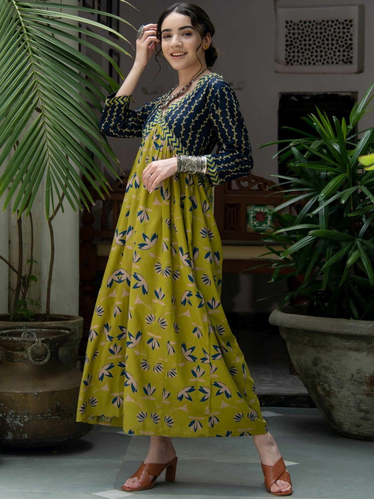 Rustorange Green & Navy Printed Maxi Dress