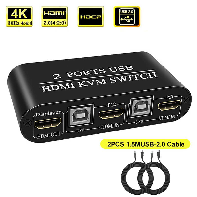 HDMI KVM Switch 2 Port for for Mouse and Keyboard sharing, Multifunctional USB Manual Switcher Box, 4K2K@30Hz, 3D, 1080P, Hotkey Supported