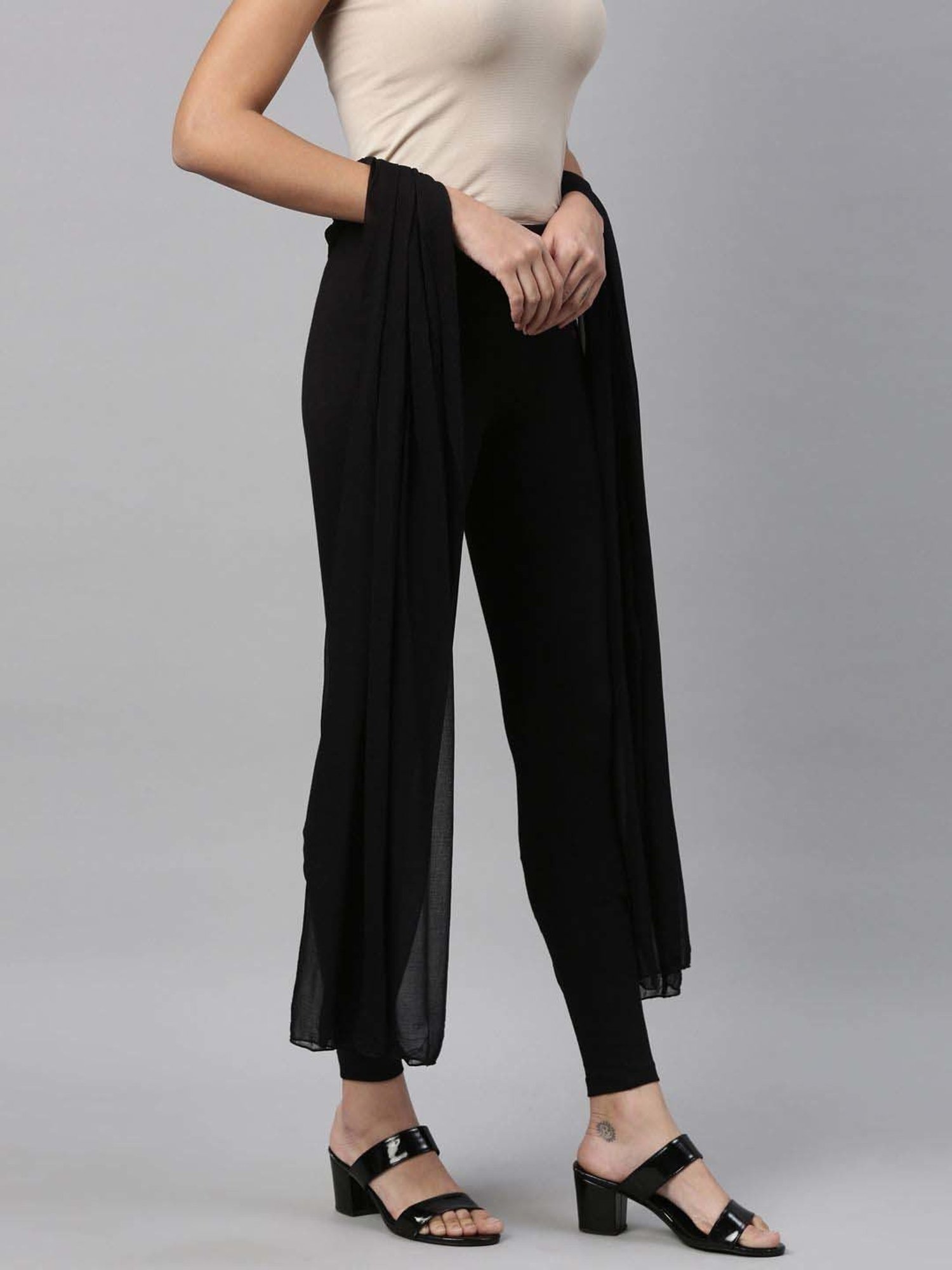 TWIN BIRDS Black Cotton Ankle Length Leggings With Dupatta