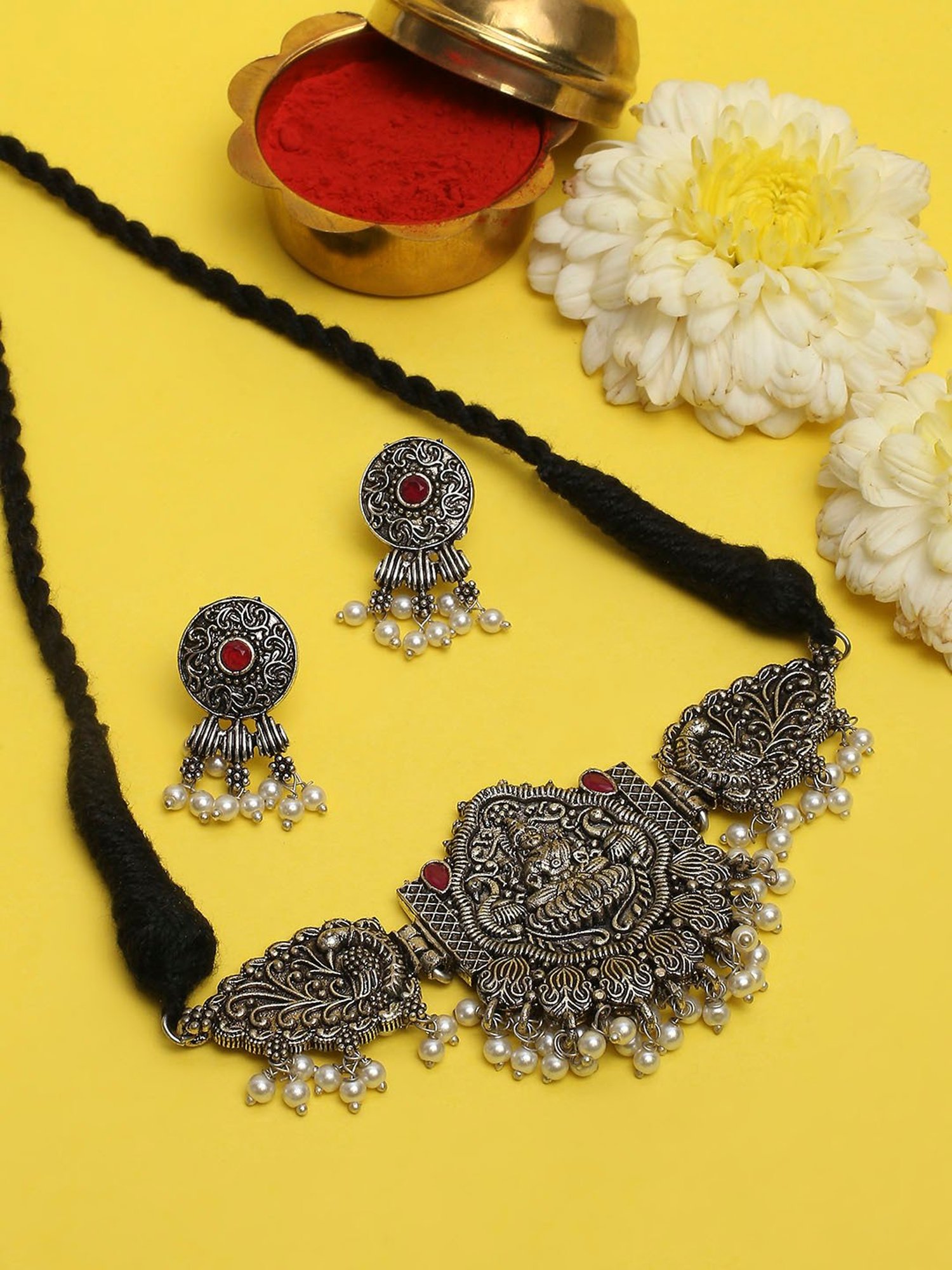 OOMPH Oxidized Silver Look Alike Maroon Stone StoneChoker Necklace Set with Drop Earrings