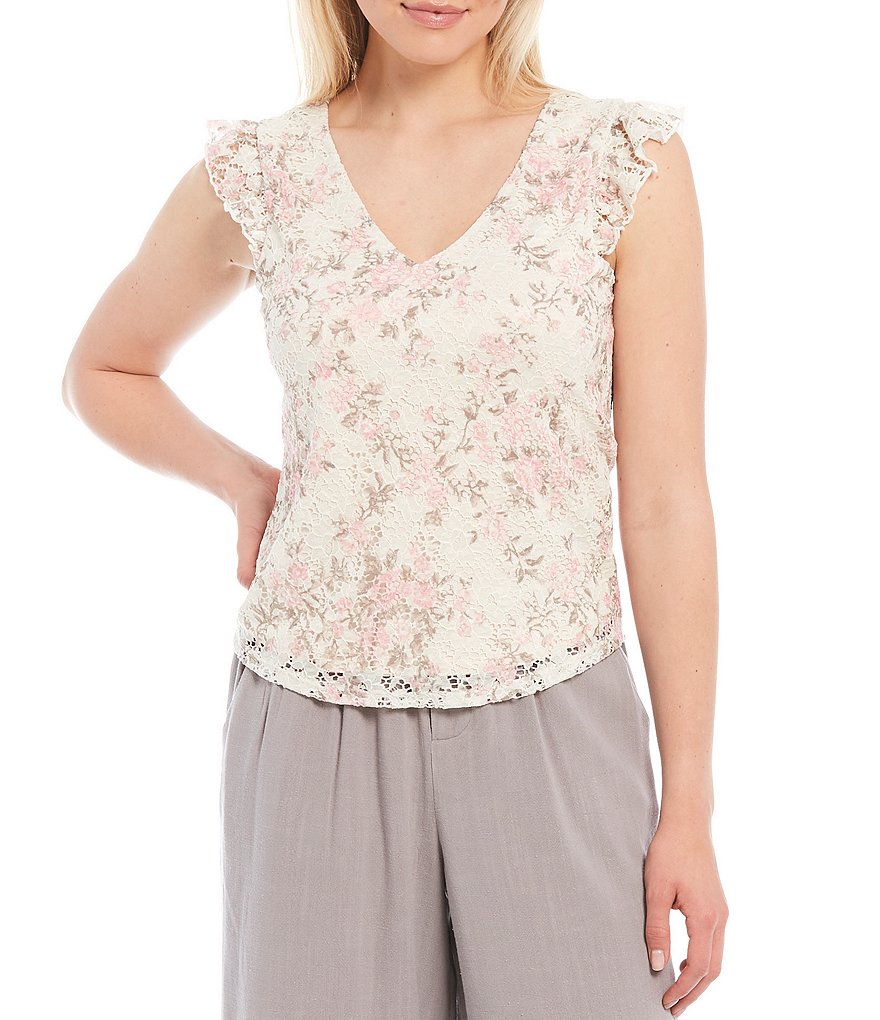 Shabby Chic Loa Floral Rose Print Corded Stretch Lace V-Neck Sleeveless Top