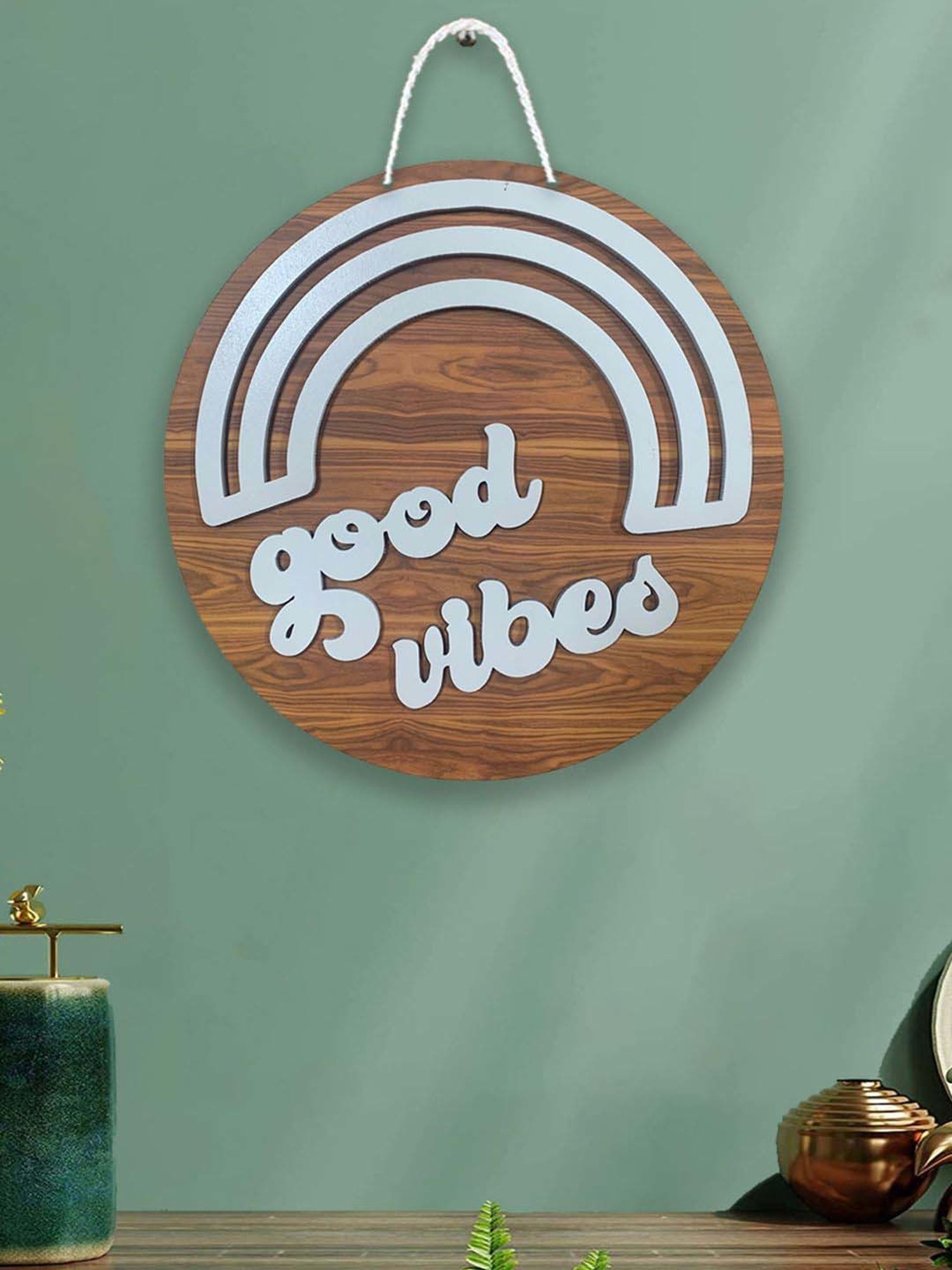Art Street Silver Mdf Good Vibes Sign Round For Door Wall Art