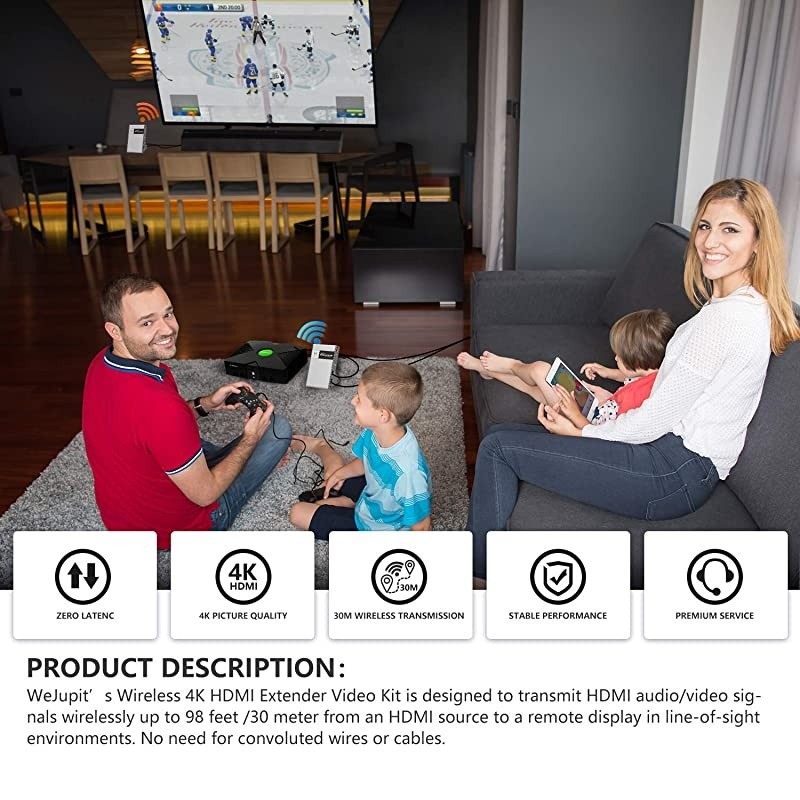 Zero Latency Wireless 4k 30Hz HDMI Extender Transmitter and Receiver, Up to 100ft 4kx2k @30Hz HDCP 1.4 2.2 with CEC Function for Desktop Computer, Laptop, Gaming and Live TV (WJEXT15-4)