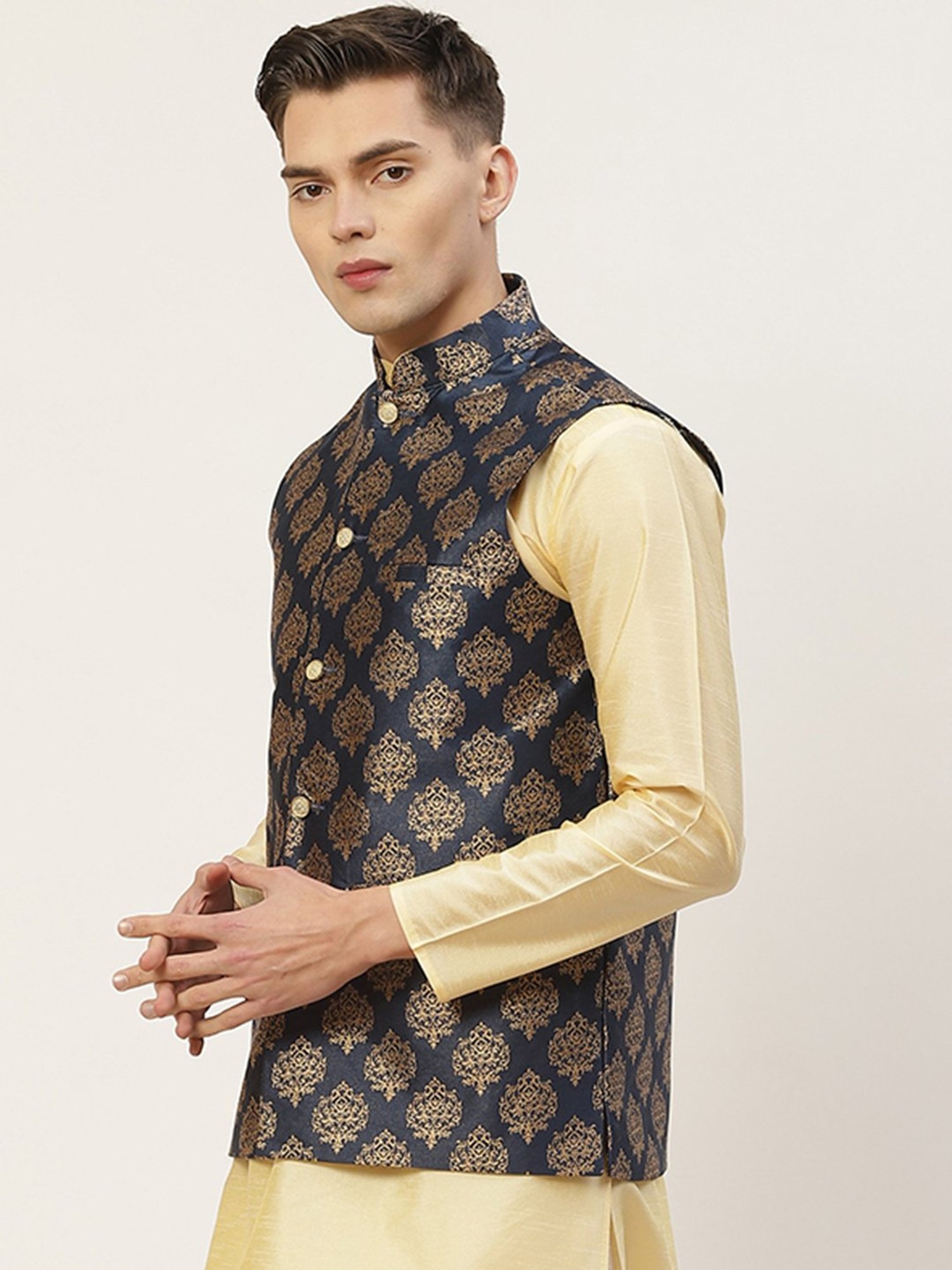Jompers Navy Regular Fit Printed Nehru Jacket