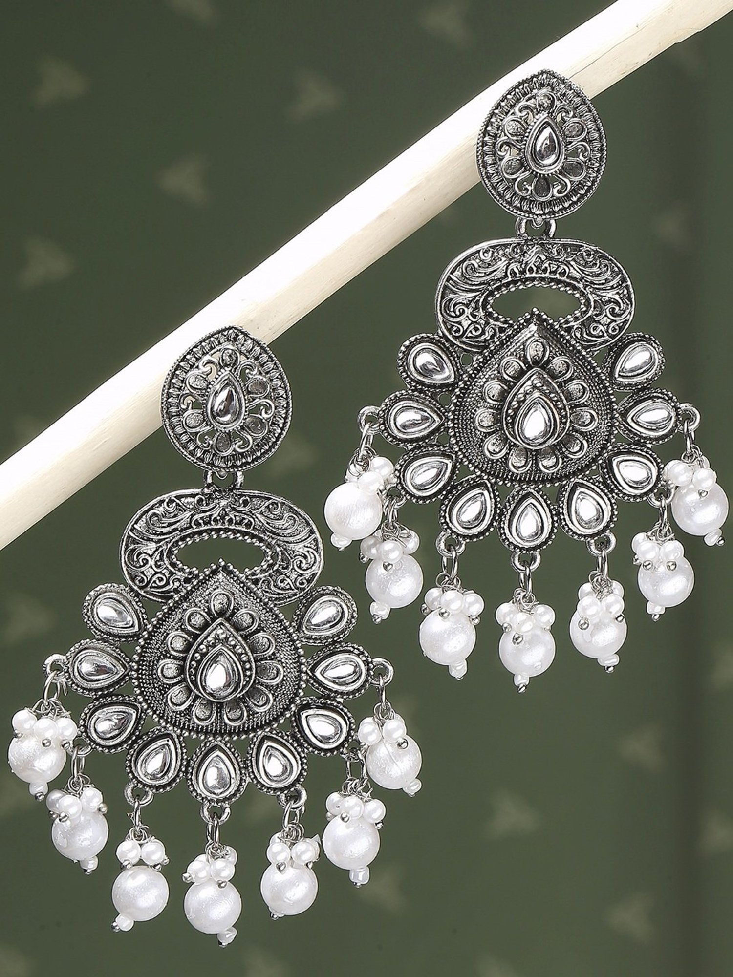 Oomph Jewellery Oxidized Silver Ethnic Silver Look Alike Large with Kundan & Pearls Dangler Earrings