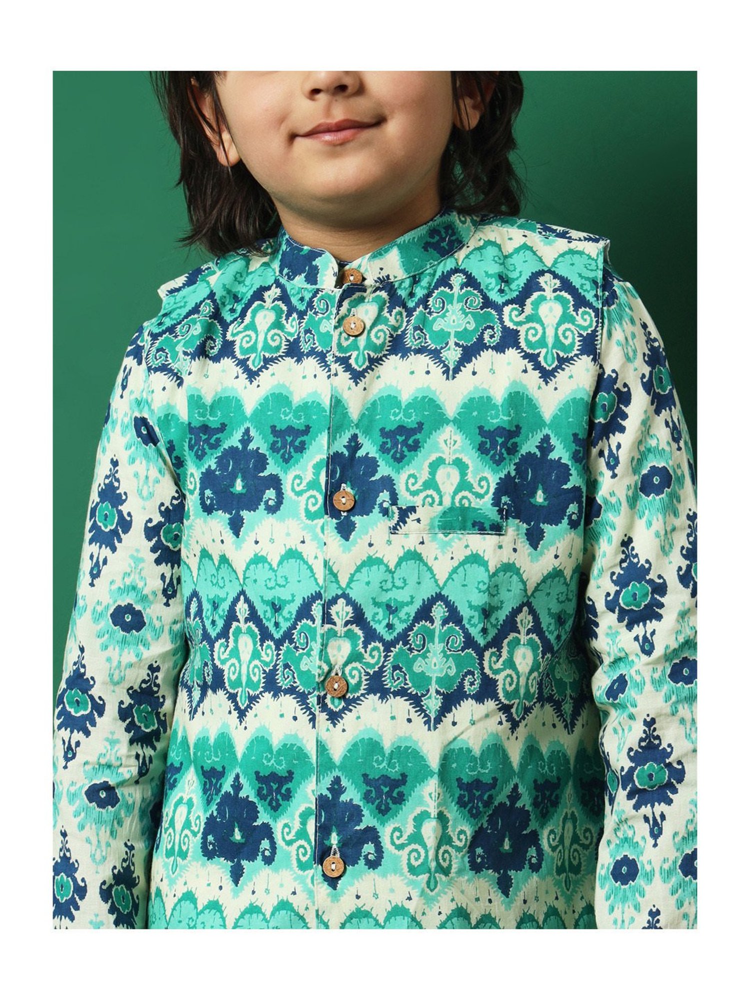 READIPRINT FASHIONS Kids Sea Green & White Printed Full Sleeves Kurta, Pyjamas with Jacket