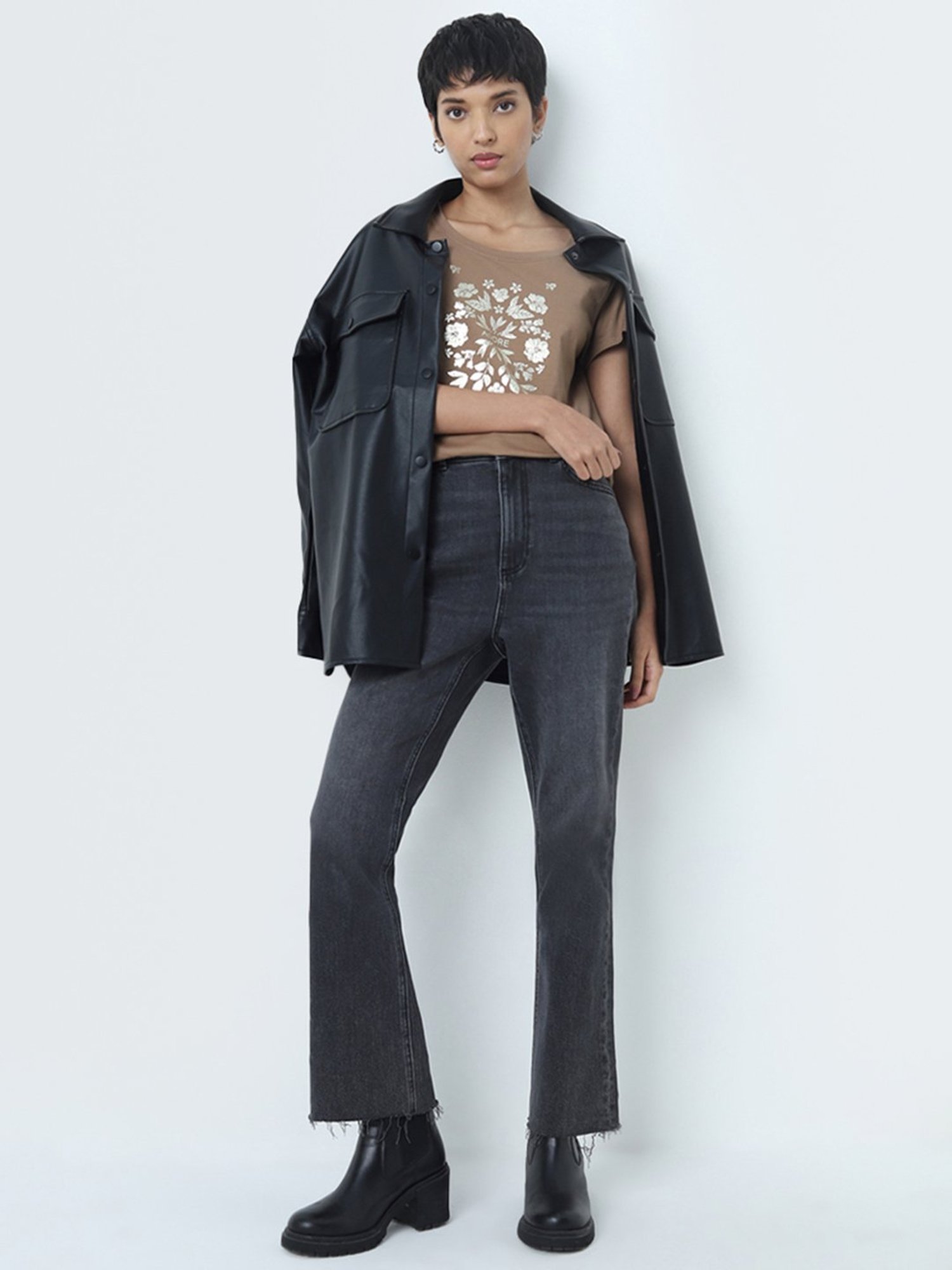 LOV by Westside Taupe Floral Design Cotton T-Shirt