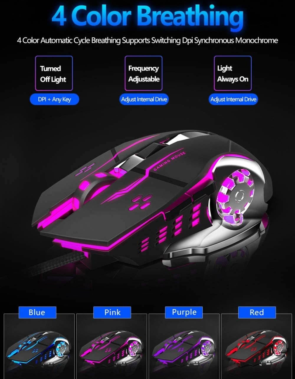 Wired Gaming Mouse 6 Programmable Buttons Ergonomic Mice Colorful LED Light for PC Computer Laptop White