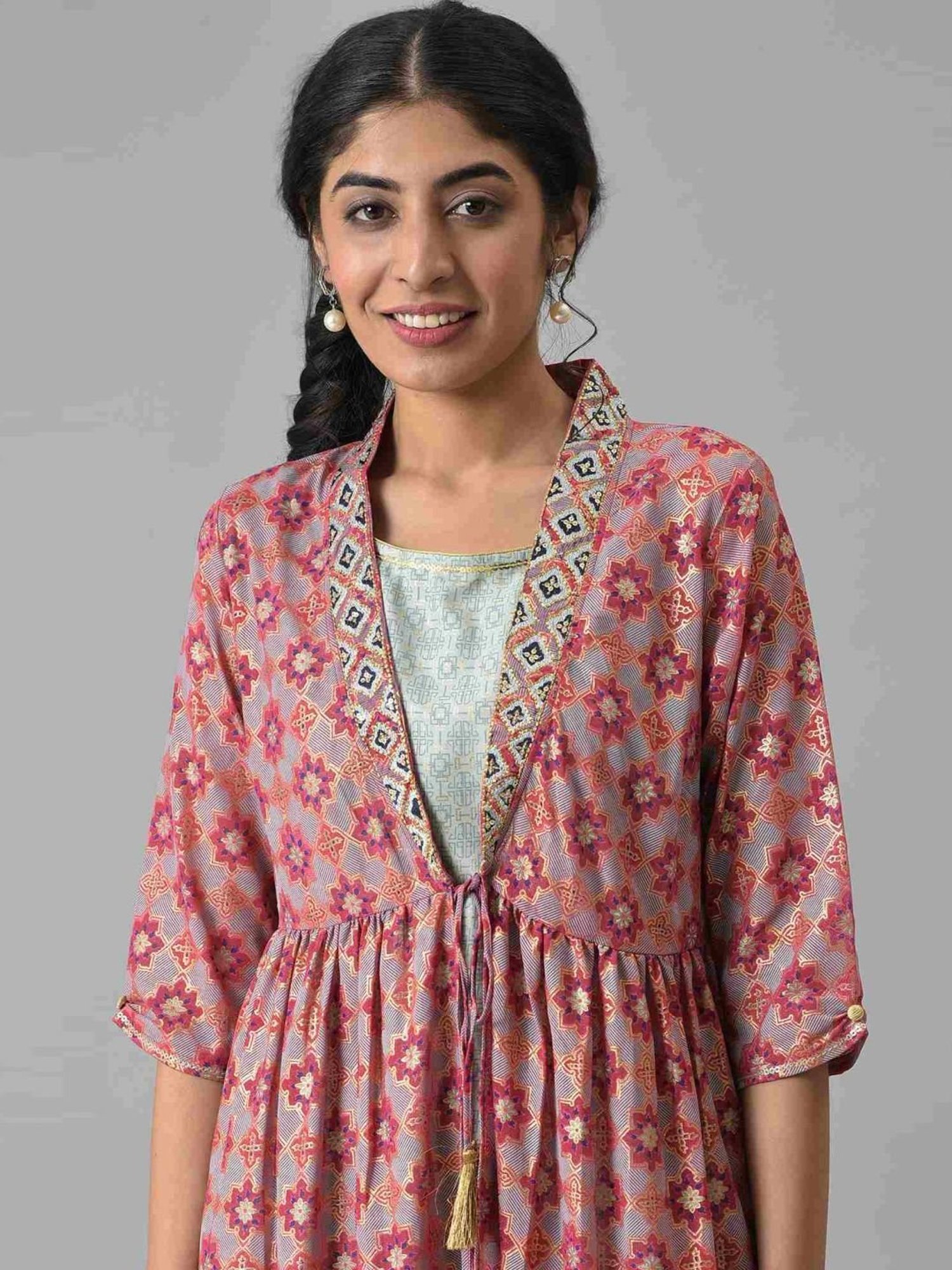 Aurelia Women Pink Geometric Print Georgette Kurta Set with Palazzos & Shrug