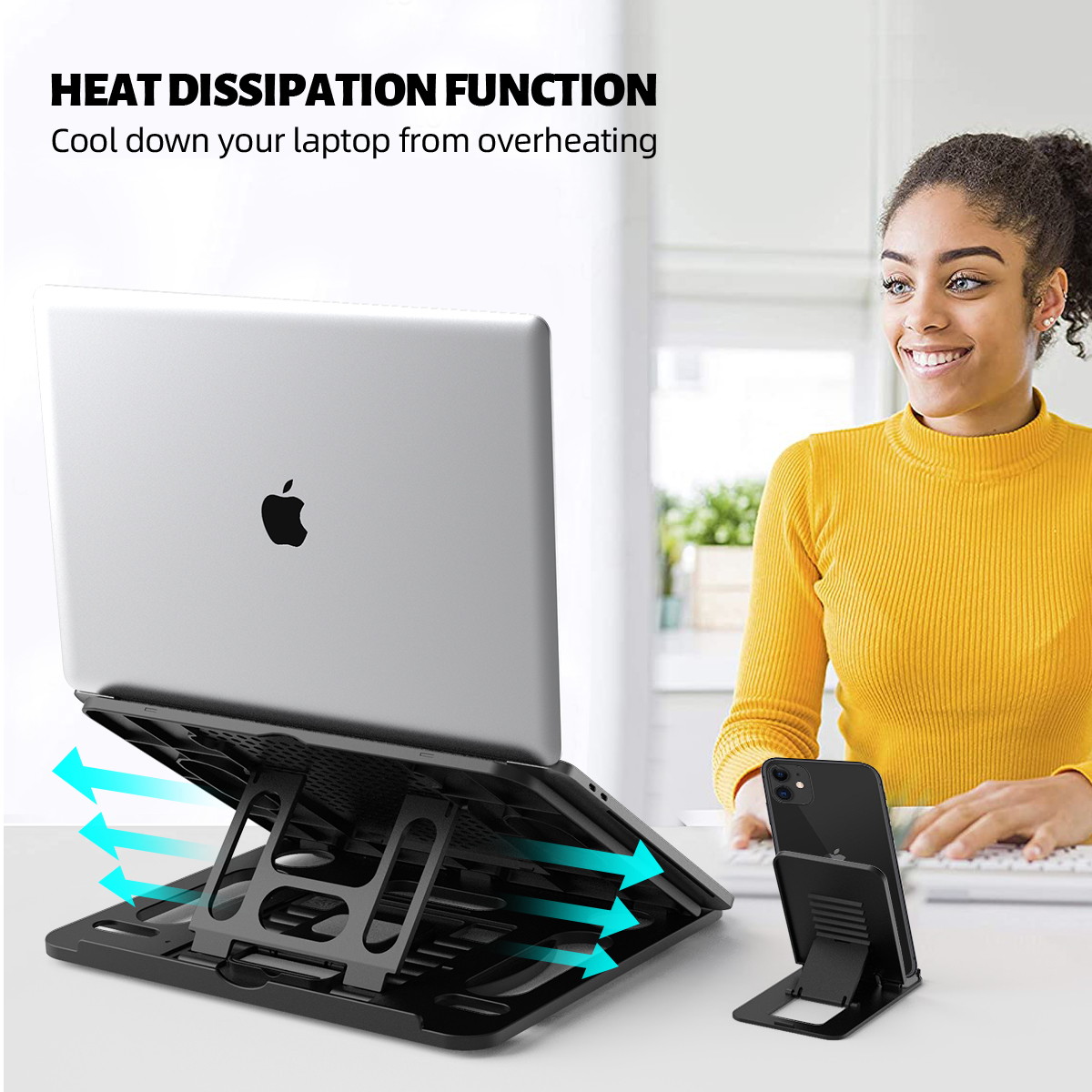 ICE COOREL Laptop Stand Height Adjustable, Laptop Riser Foldable, Laptop Holder for Desk, Notebook Stand for Lap, Portable Laptop Stand with Phone Holder, Compatible with Laptops up to 15.6 inch