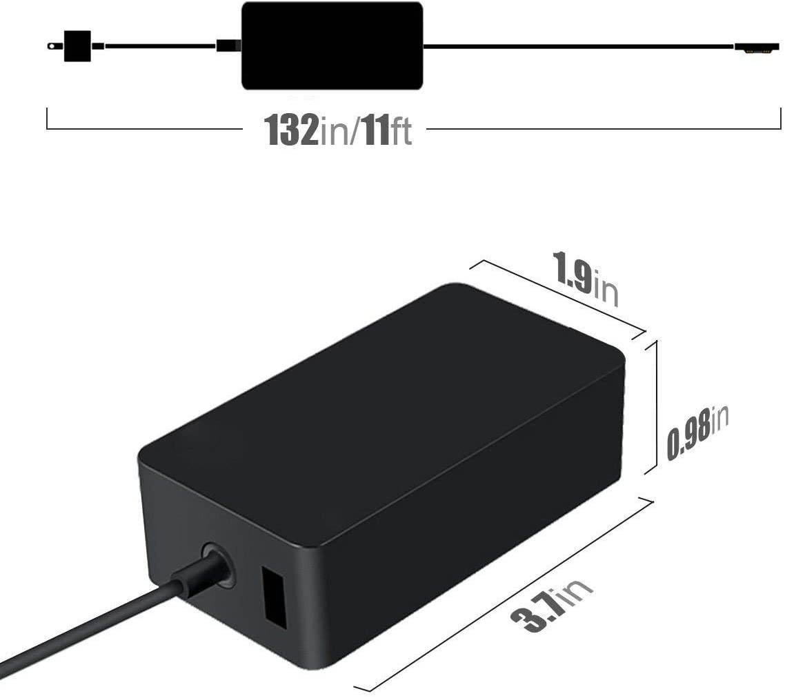 Surface Pro Charger, New Surface Pro Charger, 44W 15V 2.58A, Compatible for Microsoft Surface Pro 3, Pro 4, Pro 5, Pro 6, Surface Laptop 1/2, Surface Book & Surface Go,with 5V 1A USB (6.2Ft, Black)
