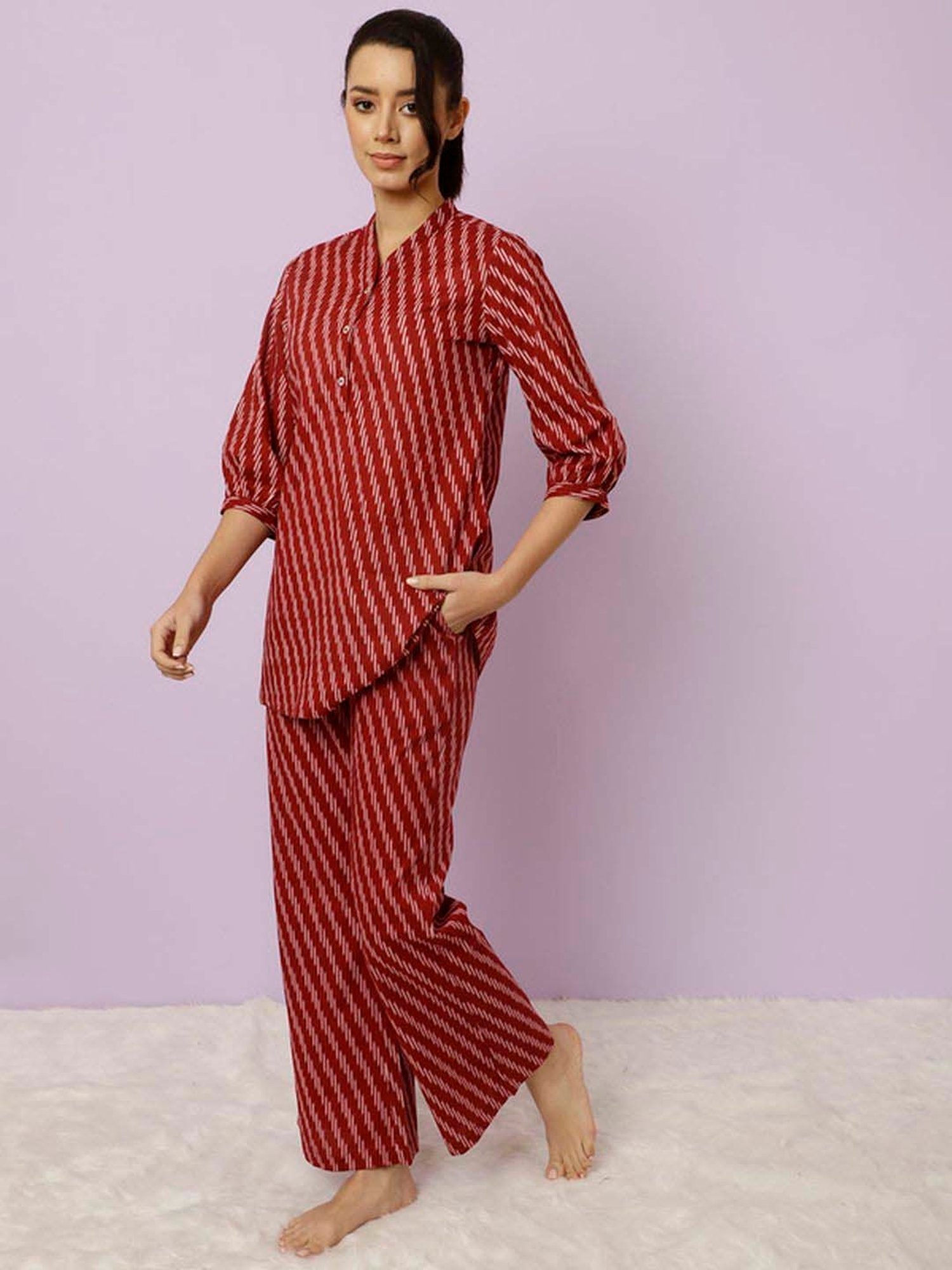 Jaipur Kurti Maroon Cotton Printed Tunic Palazzos Set