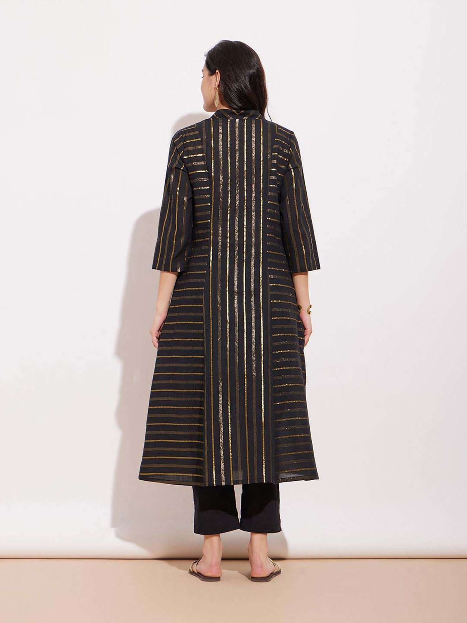 Pink Fort Black Cotton Striped Kurta Pant Set