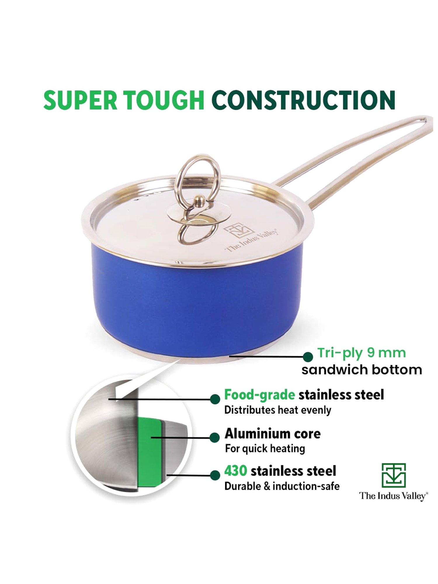 The Indus Valley Silver Stainless Steel Sauce Pan with Glass Lid (Dia:18.7cm, 1.4L)