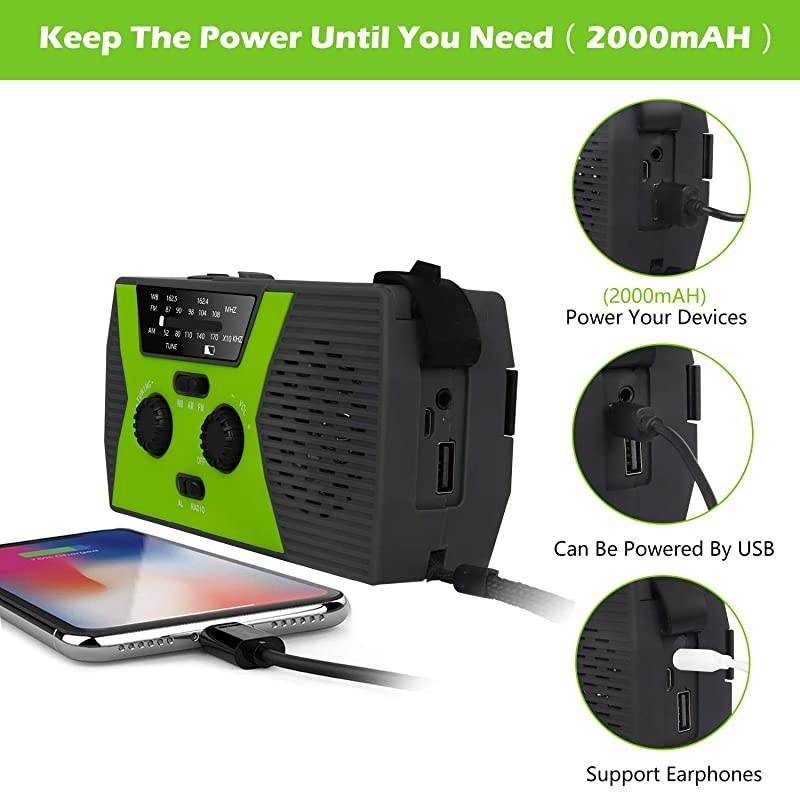 2020 Upgraded Emergency Solar Hand Crank Radio  Hand Crank AMFMNOAA Weather Radio with Flashlight Reading Lamp 2000mAh Power BankUSB Cell Phone Charger and SOS Alarm