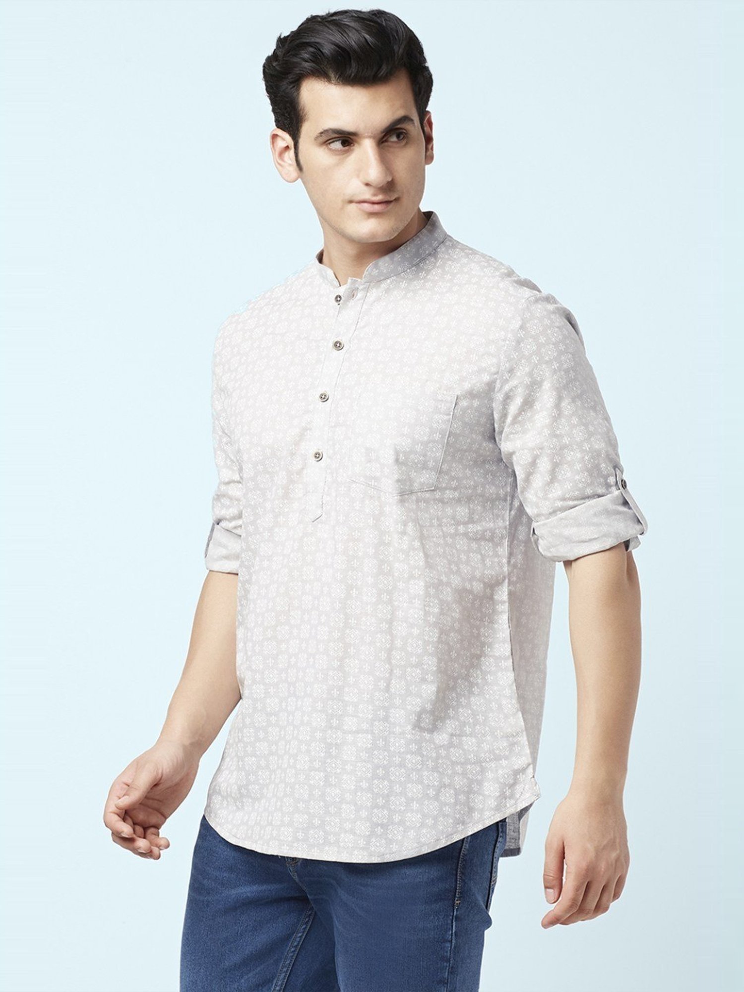 Indus Route by Pantaloons Grey Cotton Regular Fit Printed Short Kurta