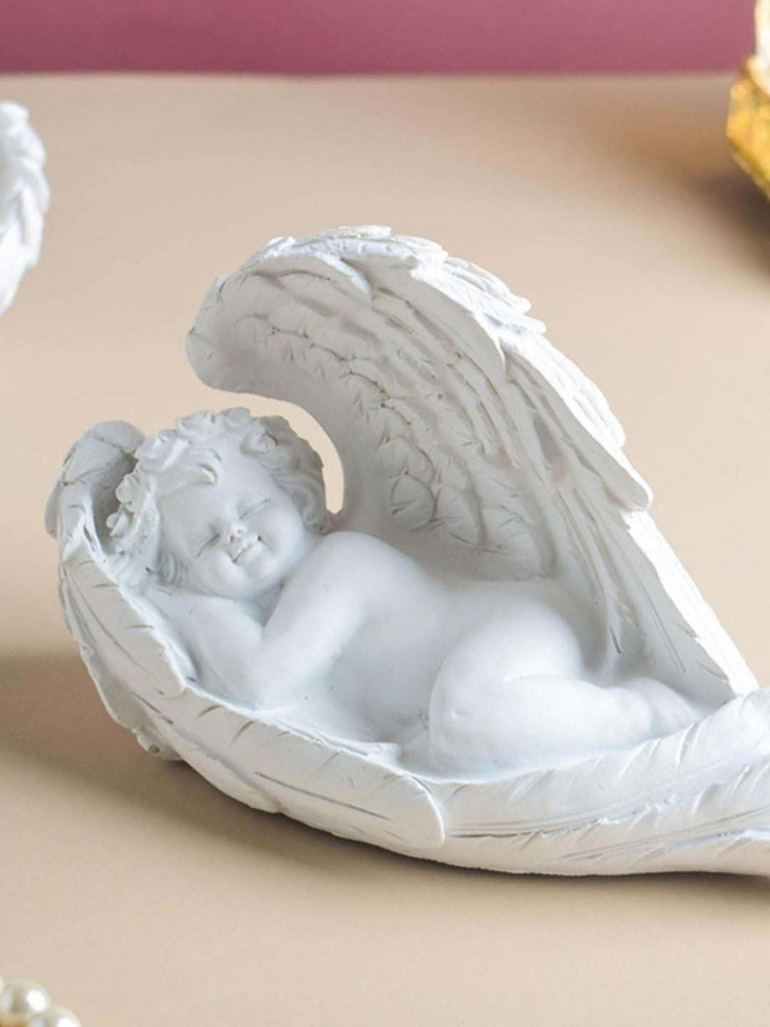 Nestasia Beautifully Crafted White Resin Made Sleeping Angel With Wings Statue I Perfect For Gifting
