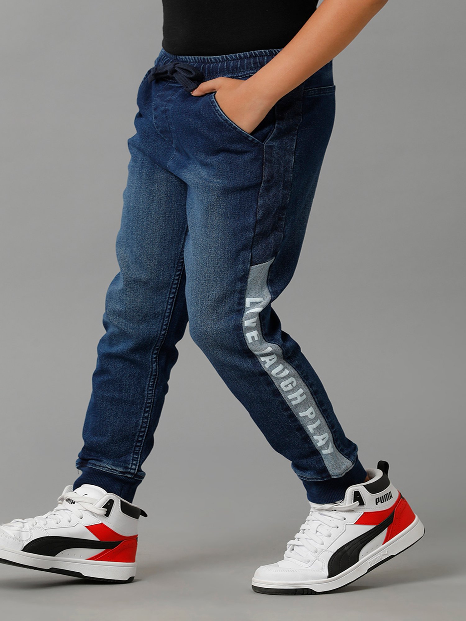 Under Fourteen Only Boys Navy Solid Denim Joggers
